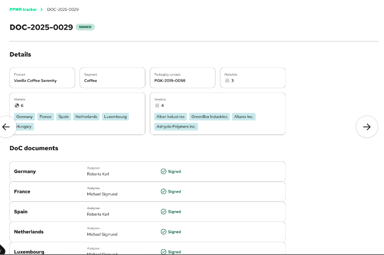 PPWR tracker showing materials and vendor documentation